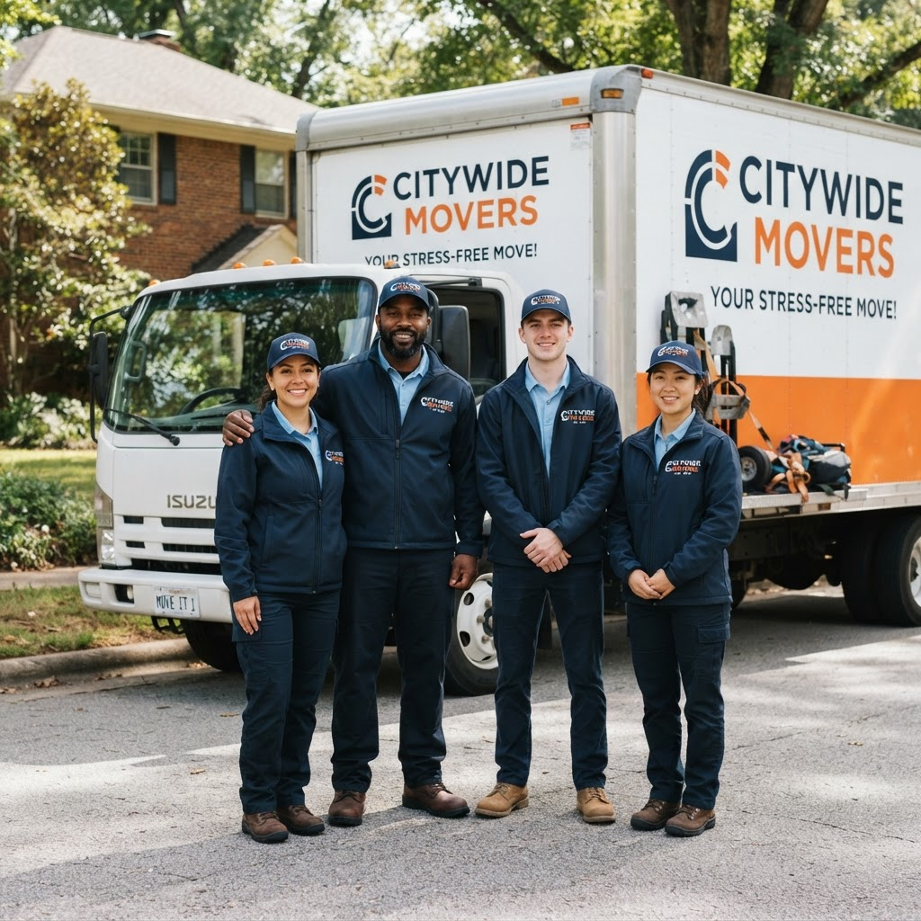 professional moving crew in matching branded uniforms