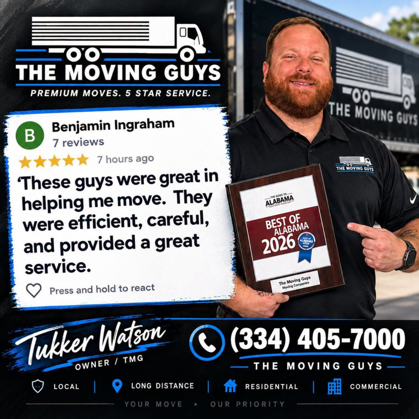 Google review for The Moving Guys and Tukker Watson holding a Best of Alabama 2026 award